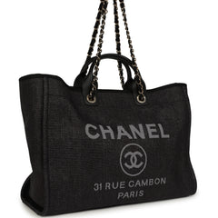 Chanel Large Deauville Shopping Tote Black, Grey Raffia, Black Canvas Light Gold Hardware