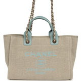 Pre-owned Chanel Small Deauville Shopping Tote Beige Canvas, Light Blue Calfskin Light Gold Hardware - Thumbnail View 1