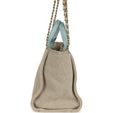 Pre-owned Chanel Small Deauville Shopping Tote Beige Canvas, Light Blue Calfskin Light Gold Hardware - Thumbnail View 3