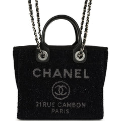 Chanel Mini Deauville Shopping Tote Black, Silver Tweed Boucle, Leather Silver Hardware