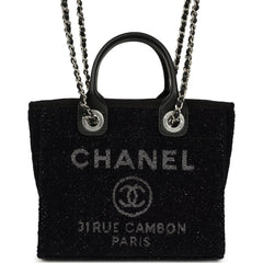 Chanel Mini Deauville Shopping Tote Black, Silver Tweed Boucle, Leathe