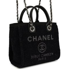 Chanel Mini Deauville Shopping Tote Black, Silver Tweed Boucle, Leather Silver Hardware