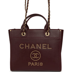 Chanel Small Studded Deauville Shopping Tote Burgundy Caviar Brushed Gold Hardware