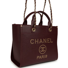 Chanel Small Studded Deauville Shopping Tote Burgundy Caviar Brushed Gold Hardware
