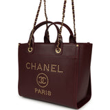 Chanel Small Studded Deauville Shopping Tote Burgundy Caviar Brushed Gold Hardware - Thumbnail View 5