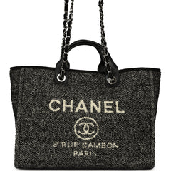 Chanel Medium Deauville Shopping Tote Black, White Wool, Leather Silver Hardware