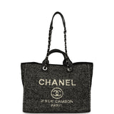 Chanel Medium Deauville Shopping Tote Black, White Wool, Leather Silver Hardware - Thumbnail View 6