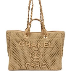 Chanel Medium Crochet Deauville Shopping Tote Beige Suede Calfskin, Raffia Brushed Gold Hardware