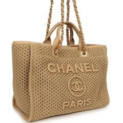Chanel Medium Crochet Deauville Shopping Tote Beige Suede Calfskin, Raffia Brushed Gold Hardware
