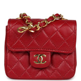 Vintage Chanel Micro Belt Flap Bag Red Lambskin Gold Hardware