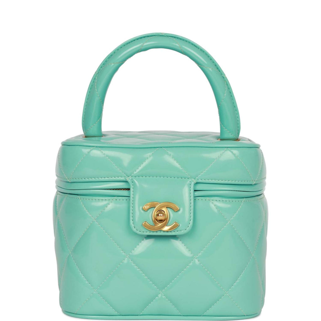 Vintage Chanel Vanity Case Bag Turquoise Patent Gold Hardware