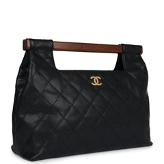 Vintage Chanel Wood Top Handle Bag Black Caviar Gold Hardware