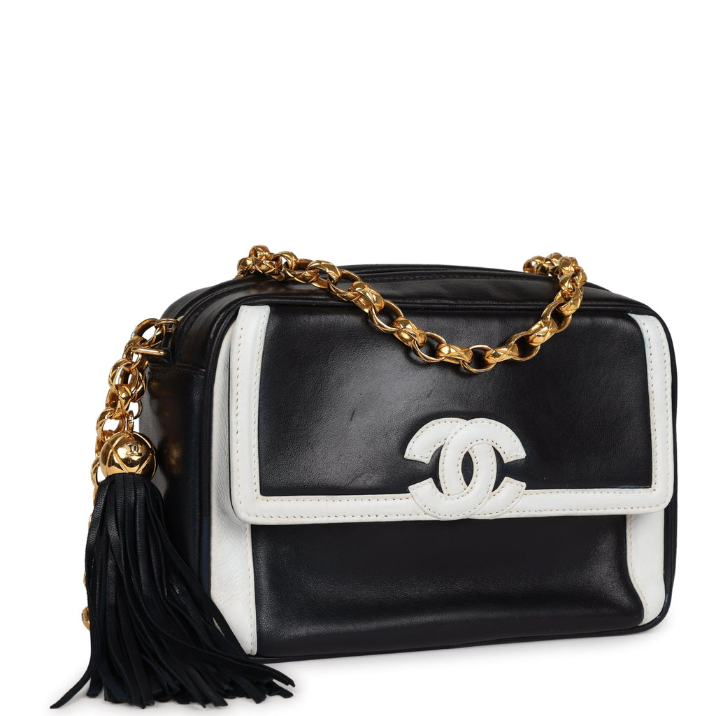Vintage Chanel Fringe Chain Camera Bag Navy and White Lambskin Gold Ha –  Madison Avenue Couture