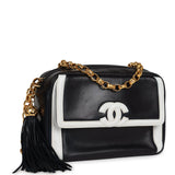 Vintage Chanel Fringe Chain Camera Bag Navy and White Lambskin Gold Hardware