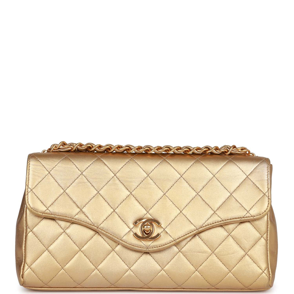 Vintage Chanel Clutch Flap Bag with Handle Gold Metallic Lambskin