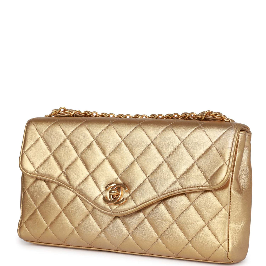 Chanel Metallic Gold Crackled Leather Medium Clam's Pocket Flap Bag Chanel