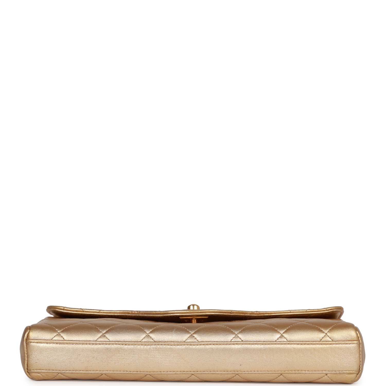 Vintage Chanel Clutch Flap Bag with Handle Gold Metallic Lambskin Gold ...