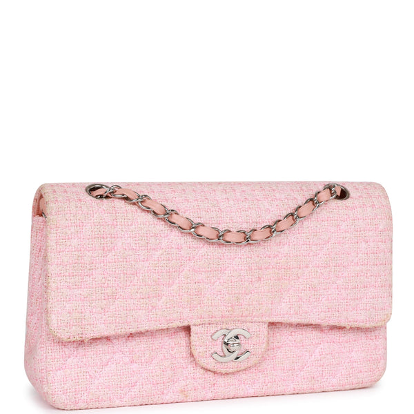 Vintage Chanel Medium Classic Double Flap Bag Pink Tweed Silver Hardware