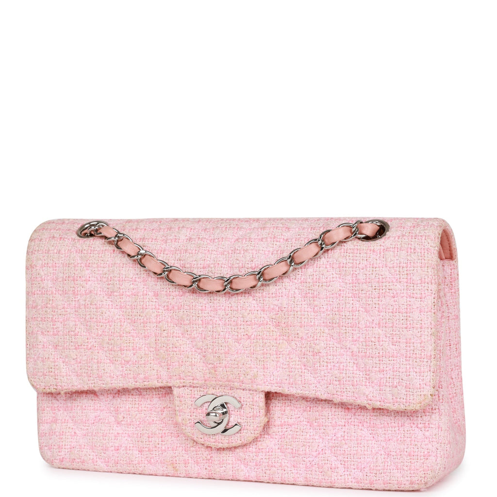 Vintage Chanel Medium Classic Double Flap Bag Pink Tweed Silver