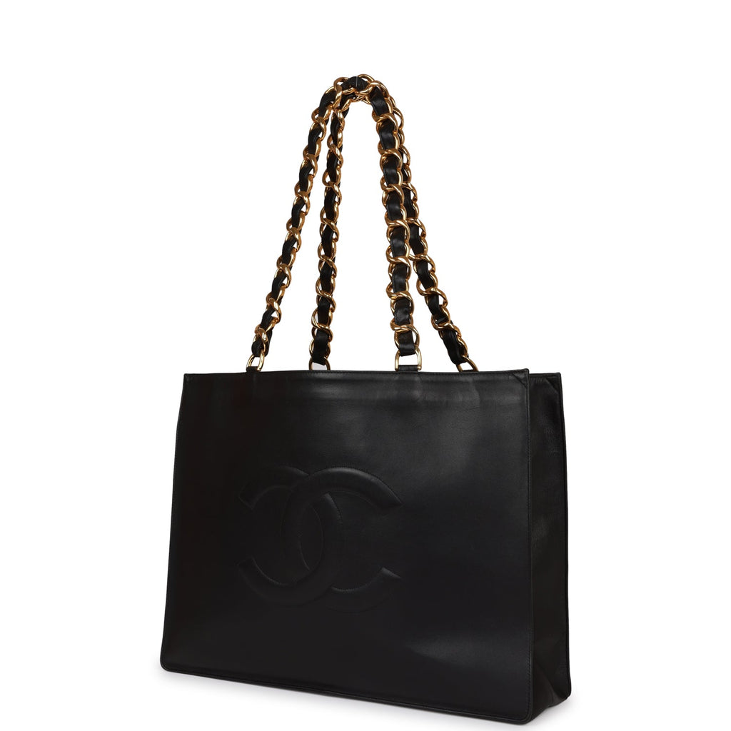 Vintage Chanel CC Chain Shopping Tote Bag Black Lambskin Gold