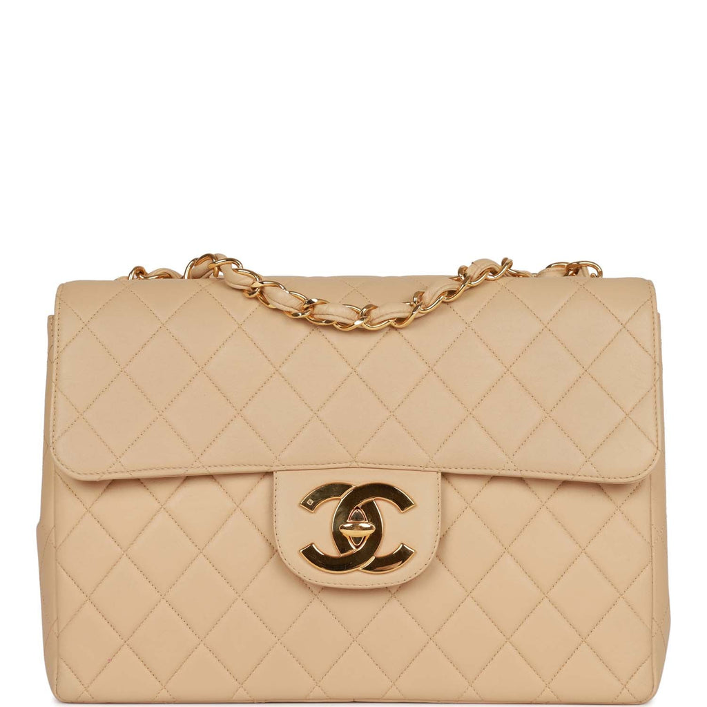 Chanel Vintage Chanel Jumbo XL Beige Lambskin Leather Shopping Tote