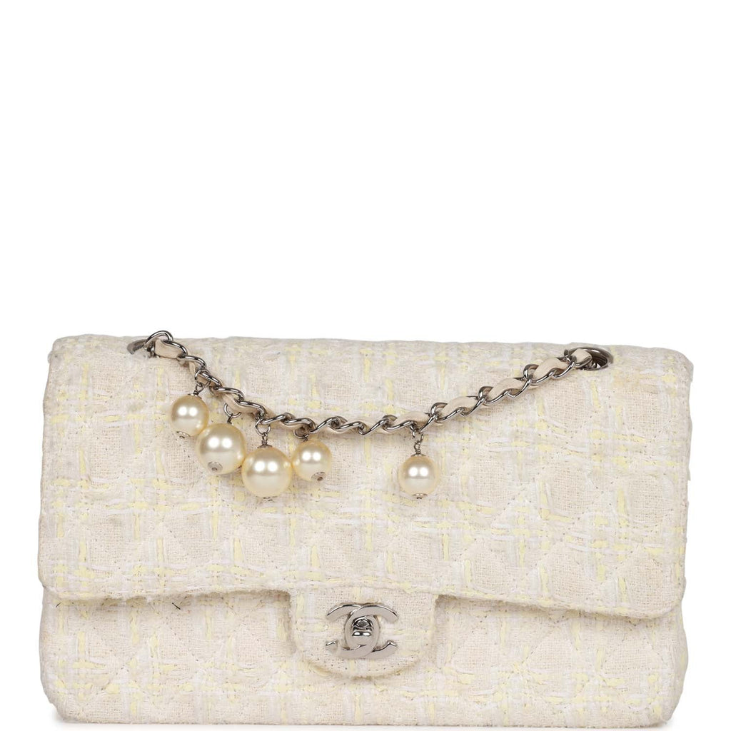 Vintage Chanel Medium Double Flap Bag White Tweed Silver Hardware