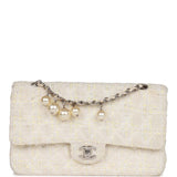 Vintage Chanel Medium Double Flap Bag White Tweed Silver Hardware