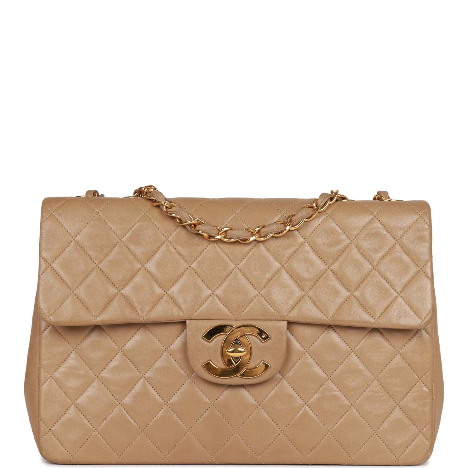 Vintage Chanel XL Maxi Flap Bag Beige Lambskin Gold Hardware – Madison ...