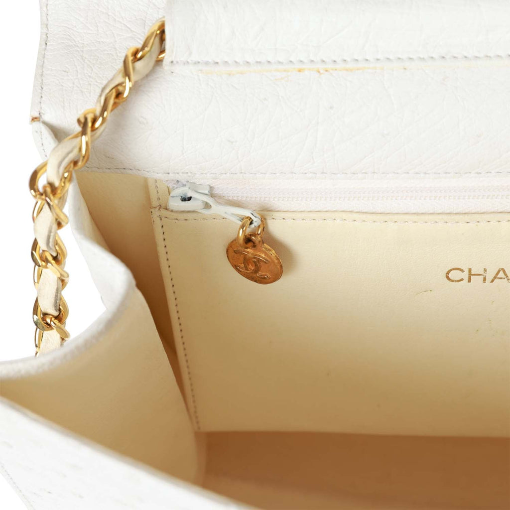 Vintage Chanel Single Flap Bag White Ostrich Gold Hardware