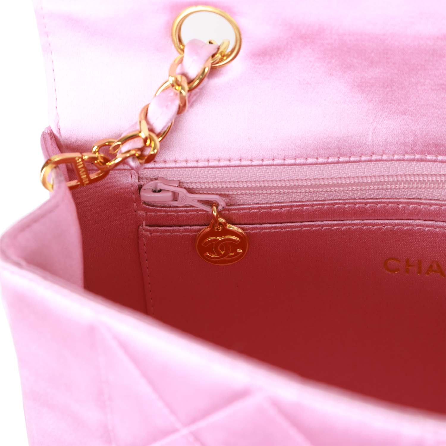 Vintage Chanel Small Flap Bag Pink Satin Gold Hardware – Madison Avenue ...