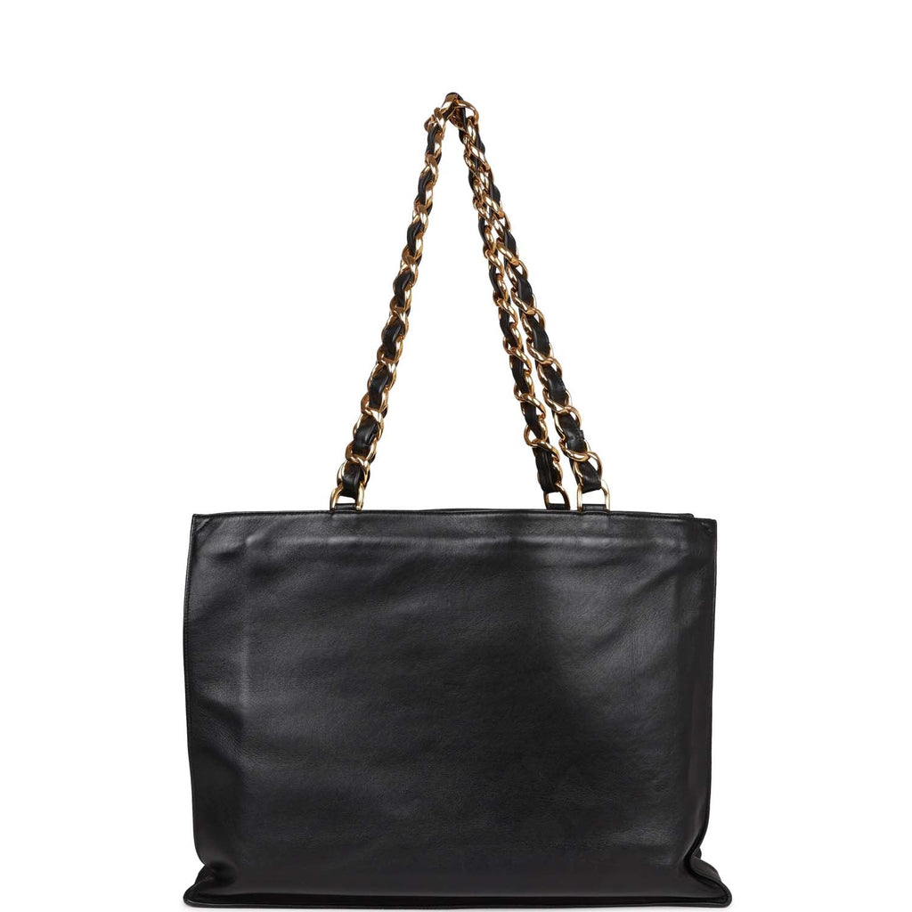 Vintage Chanel CC Chain Shopping Tote Bag Black Lambskin Gold