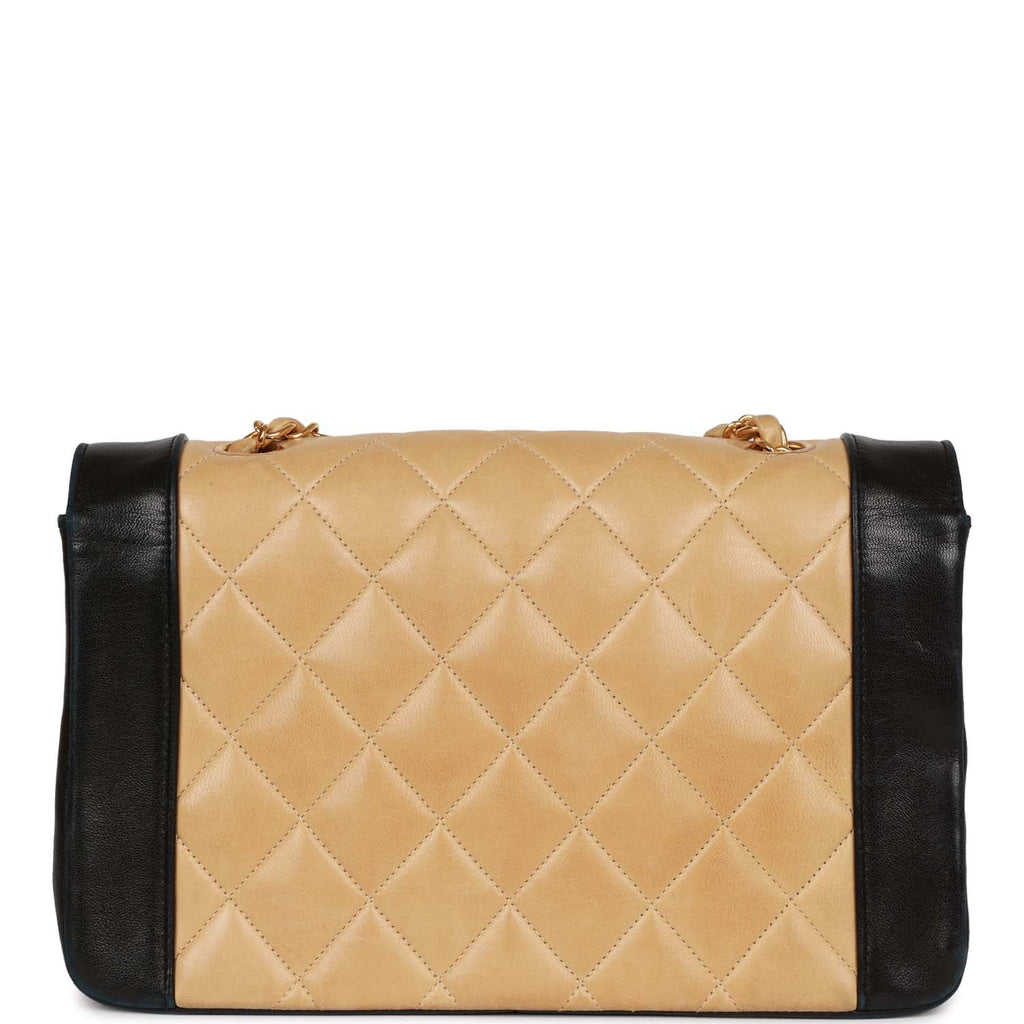 Vintage Chanel Medium Diana Flap Bag Black and Beige Lambskin Gold
