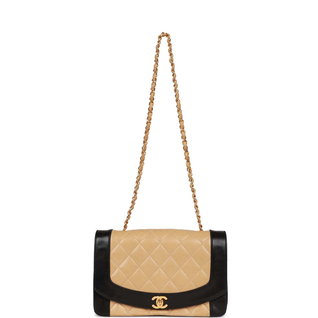 Vintage Chanel Medium Diana Flap Bag Black and Beige Lambskin Gold Har – Madison  Avenue Couture