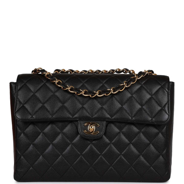 Chanel Vintage Black Caviar Tall Jumbo Classic Crossbody Flap Bag