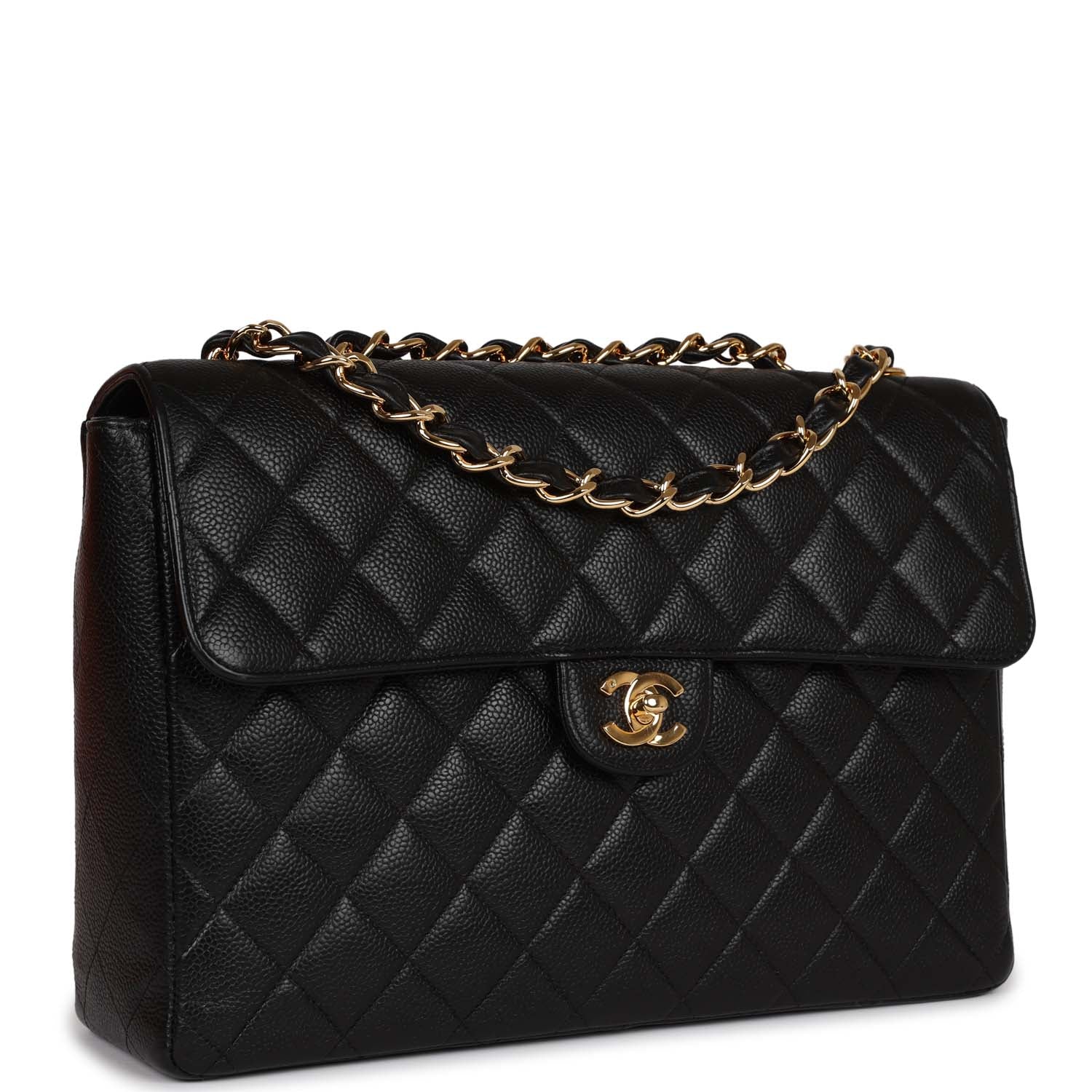 Vintage Chanel Jumbo Classic Single Flap Bag Black Caviar Gold Hardwar