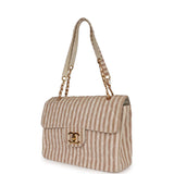 Vintage Chanel XXL Travel Flap Bag Striped Linen Gold Hardware