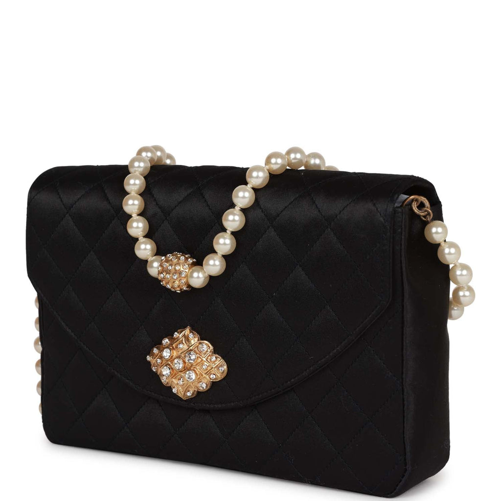Vintage Chanel Gripoix Pearl Chain Bag Black Satin Gold Hardware