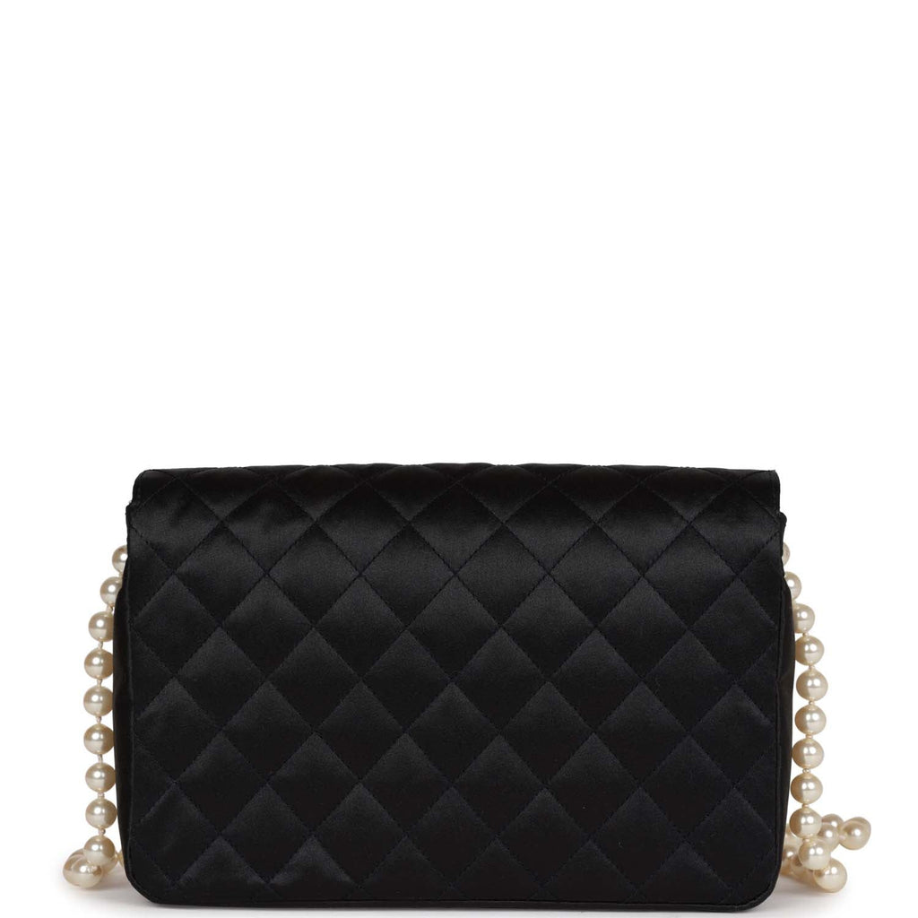 Chanel Vintage 1980s Black Satin CC Logo Quilted Chain Flap Shoulder Bag