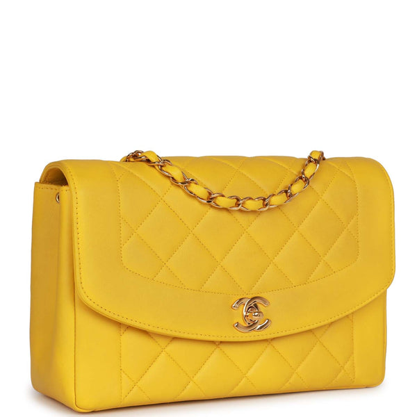 CHANEL Medium Diana CC Single Chain Shoulder Bag Yellow Linen