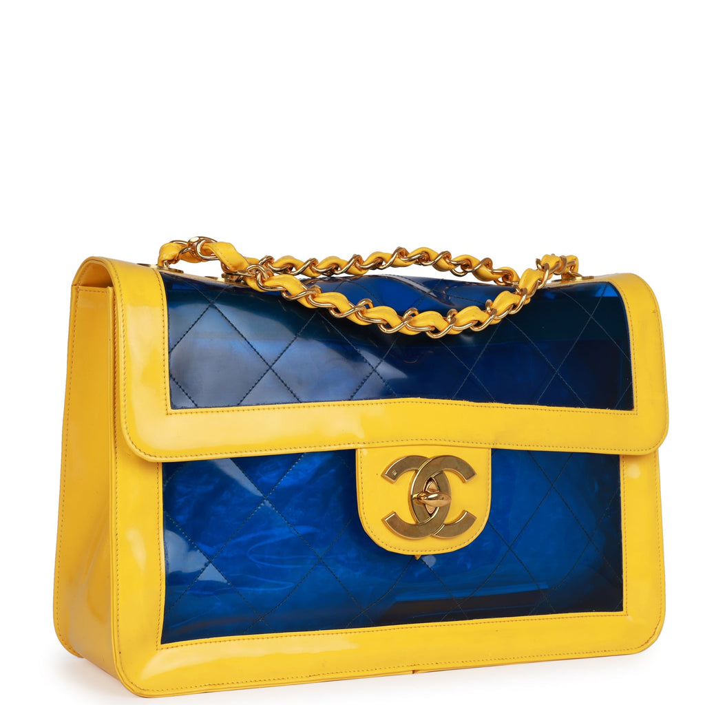 Vintage Chanel Maxi Flap Bag Yellow/Blue Quilted Patent Leather Gold  Hardware