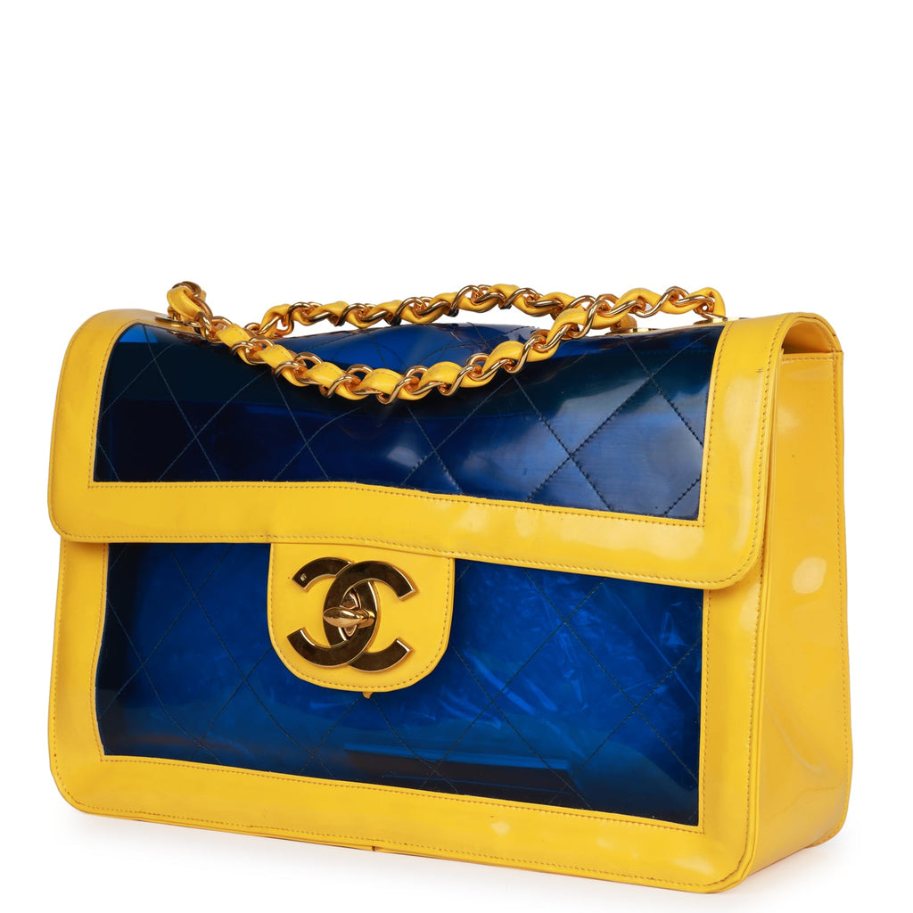 Vintage Chanel Maxi Flap Bag Yellow/Blue Quilted Patent Leather Gold  Hardware