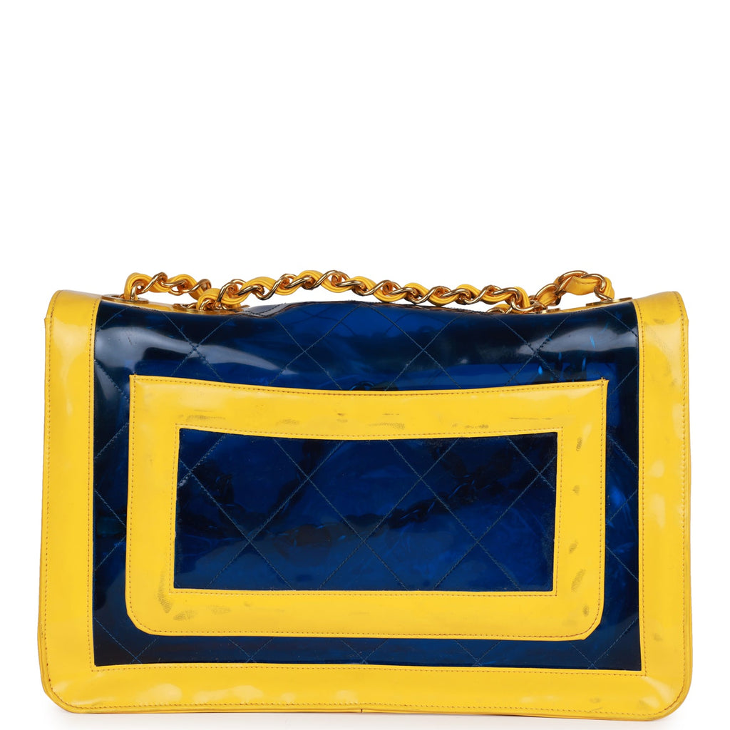 Vintage Chanel Maxi Flap Bag Yellow/Blue Quilted Patent Leather Gold Hardware