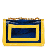 Vintage Chanel Maxi Flap Bag Yellow/Blue Quilted Patent Leather Gold Hardware