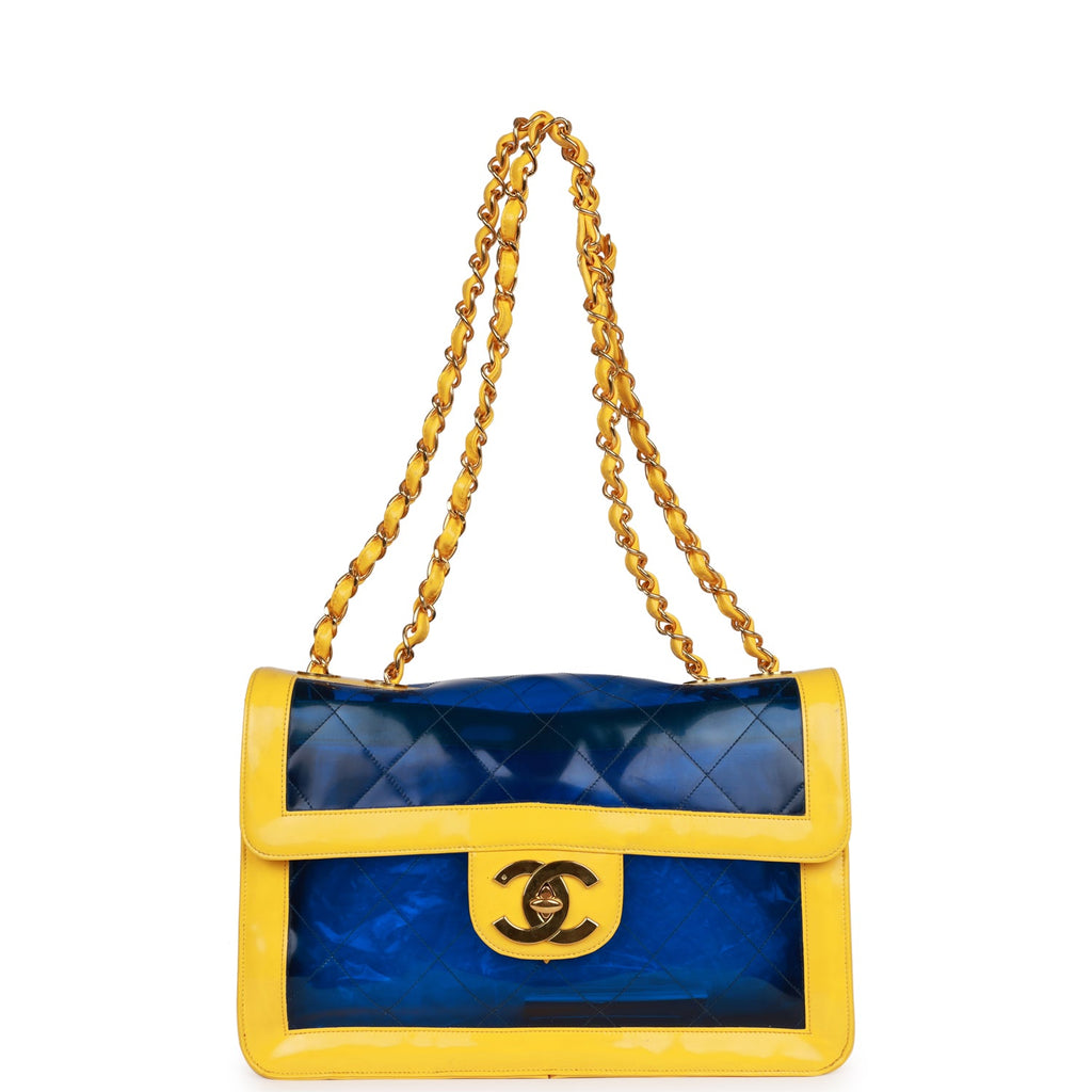 Vintage Chanel Maxi Flap Bag Yellow/Blue Quilted Patent Leather