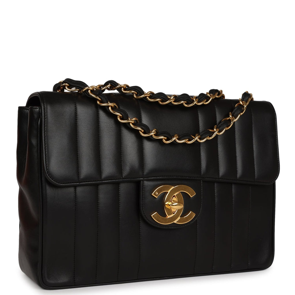 Vintage Chanel Mademoiselle Jumbo Single Flap Black Lambskin Gold Hardware