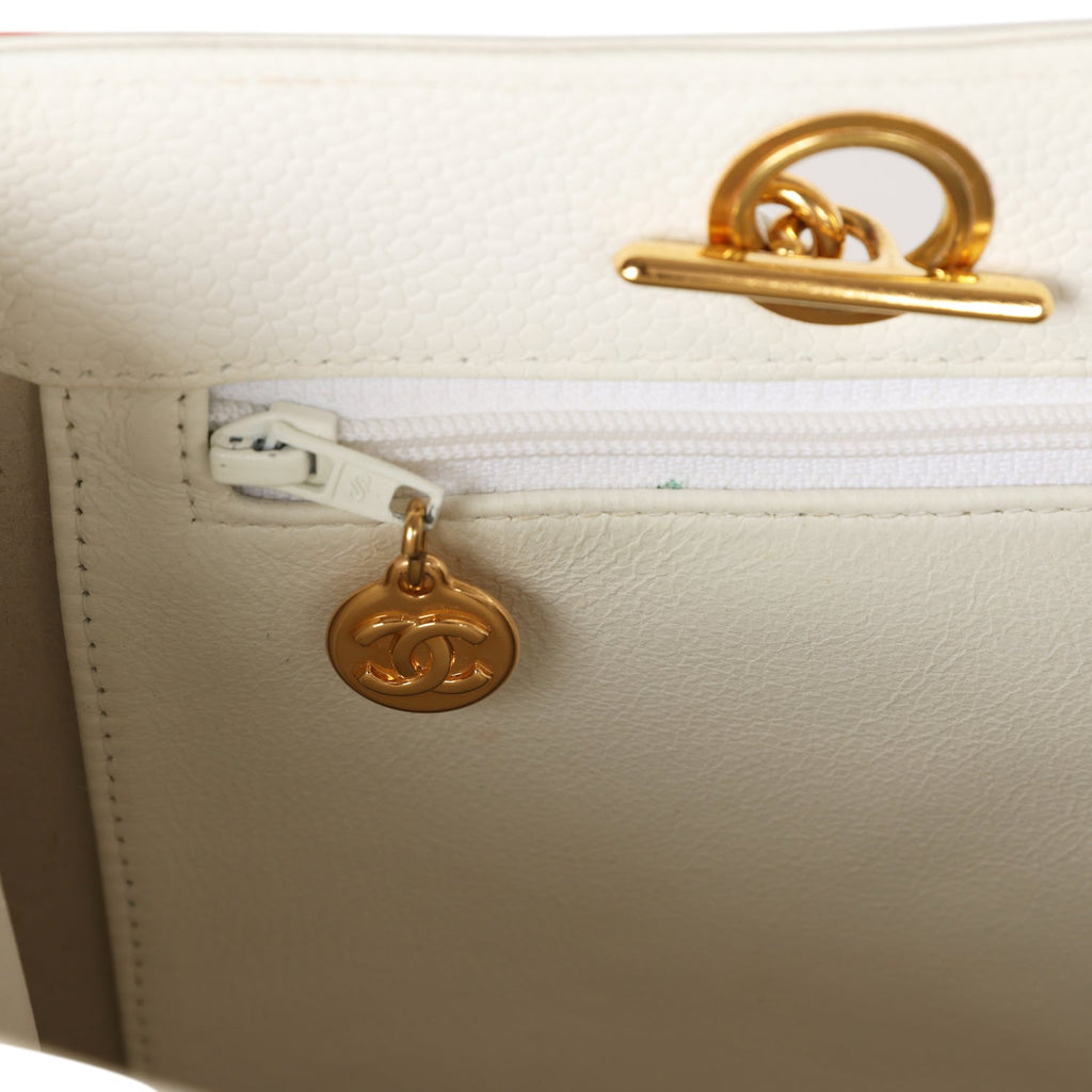 Chanel Vintage Medallion CC White Caviar Tote Bag Gold Hardware