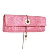 Vintage Chanel Chain Envelope Evening Clutch Bag Pink Crocodile Gold Hardware