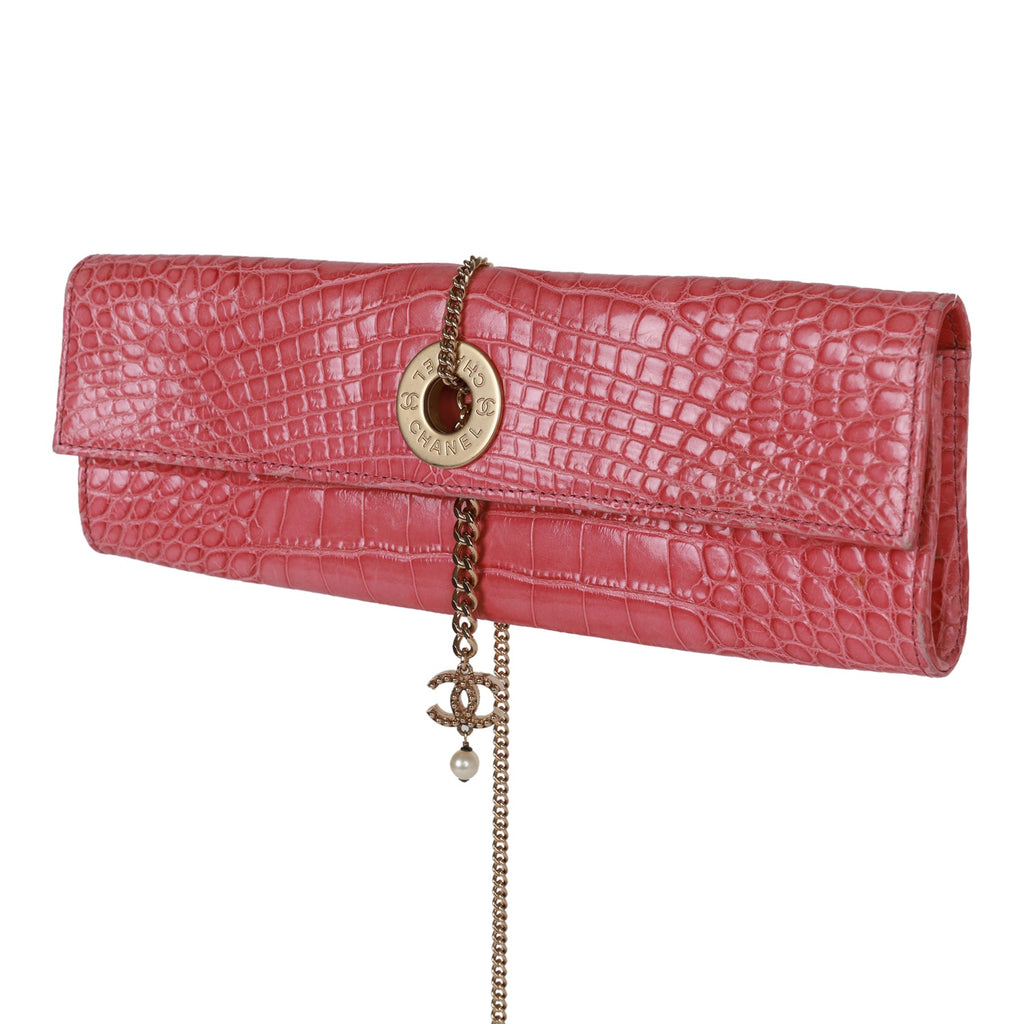 Vintage Chanel Chain Envelope Evening Clutch Bag Pink Crocodile Gold Hardware
