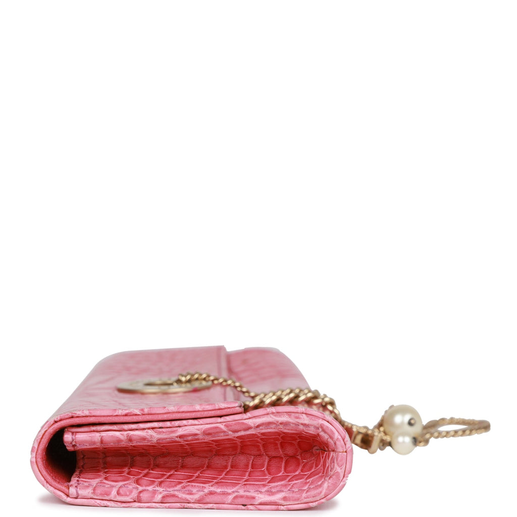 Vintage Chanel Chain Envelope Evening Clutch Bag Pink Crocodile