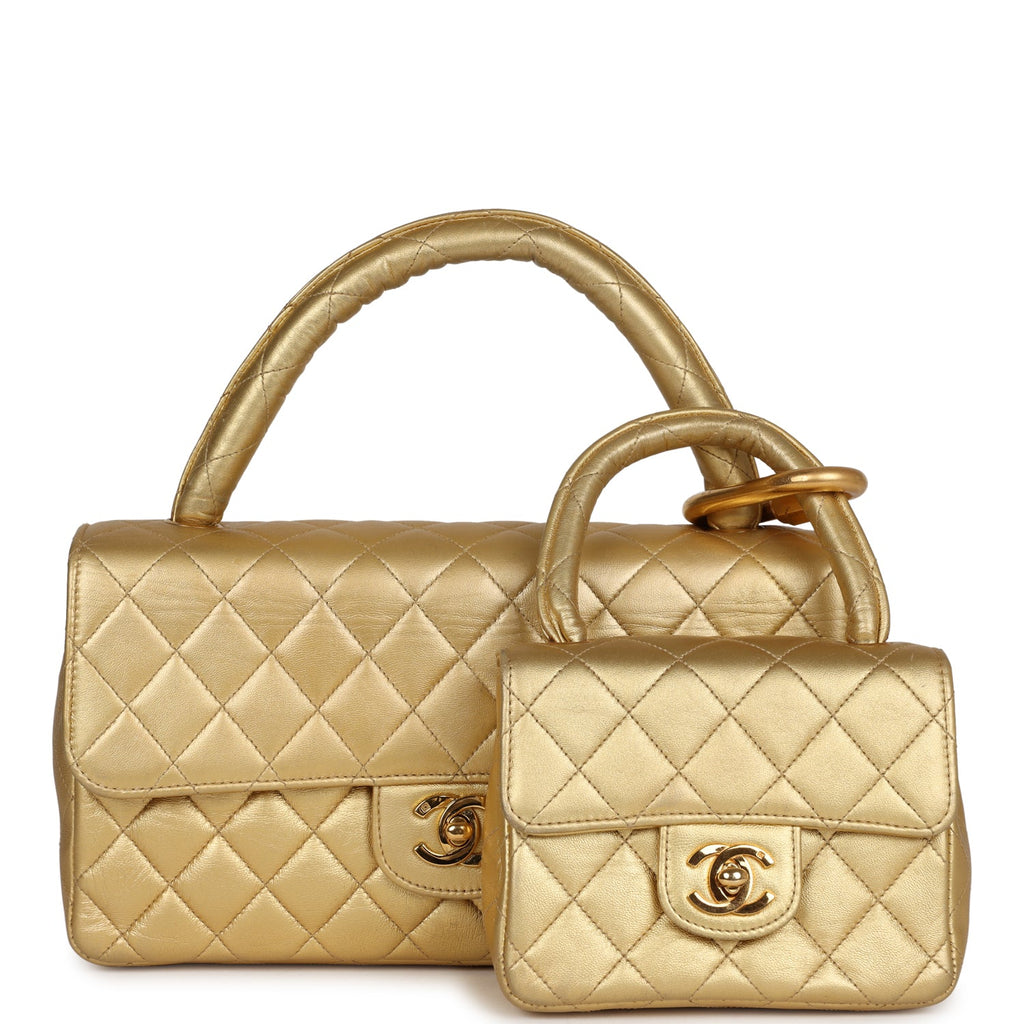 Vintage Chanel Kelly Parent and Child Flap Bag Set Gold Metallic